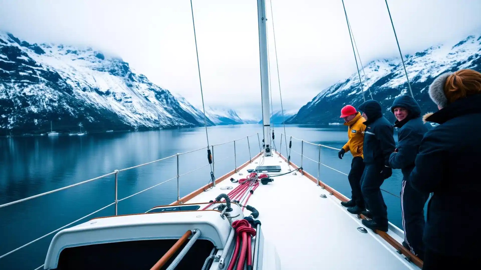 Guests on the foredeck of a Boreal yacht, sailing between snow-covered mountains